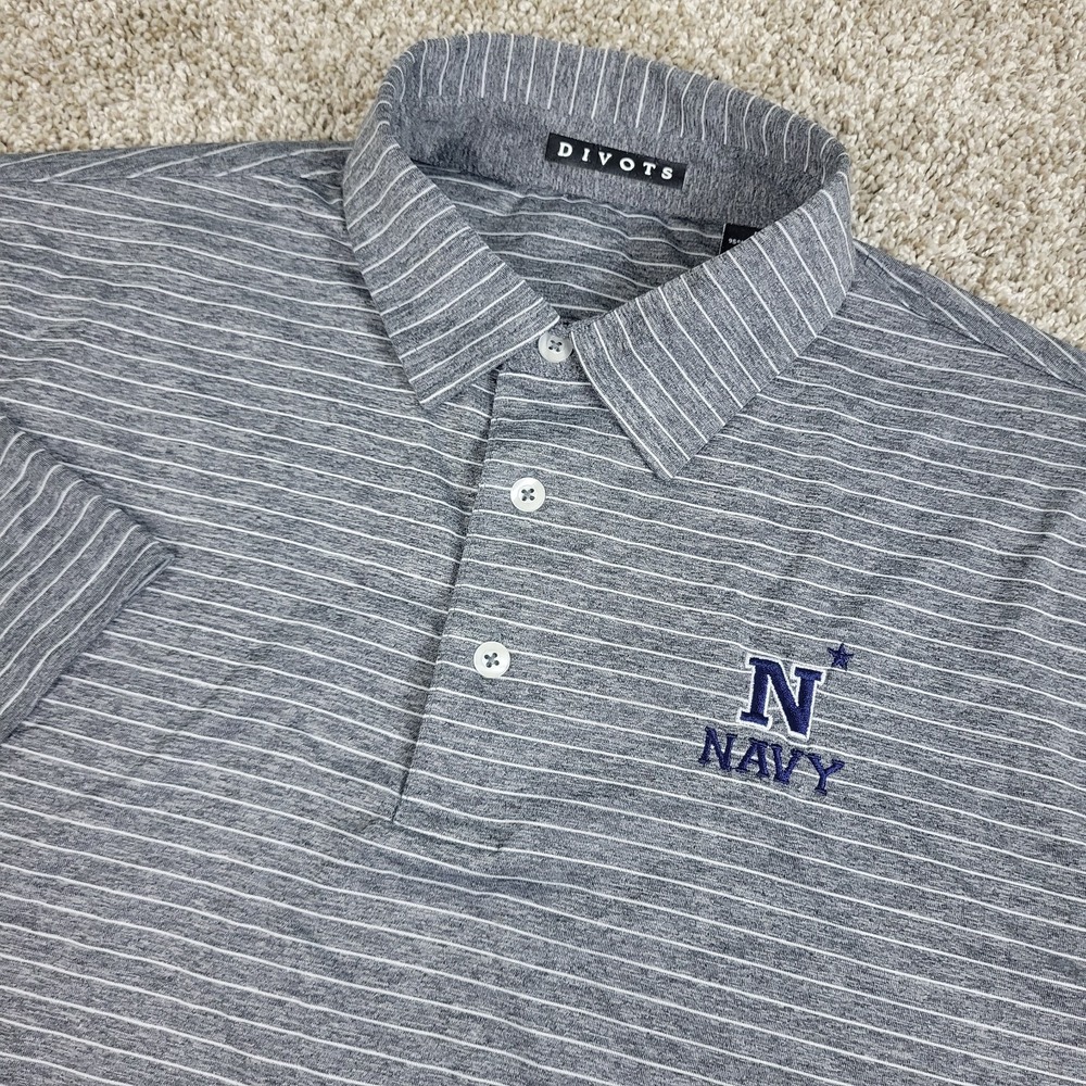 Divots USA Navy Mens Medium Gray White Striped Performance Stretch Golf Polo